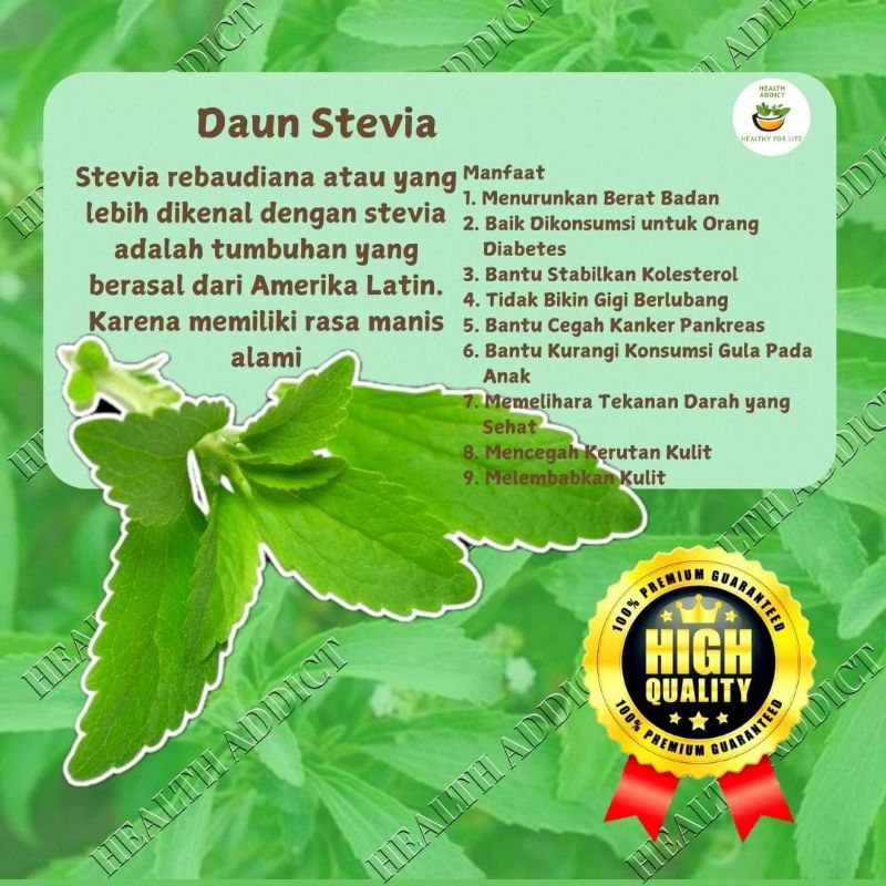 

Premium Daun Stevia Kering 50 Gram, Pengganti Gula Organic 0 Kalori