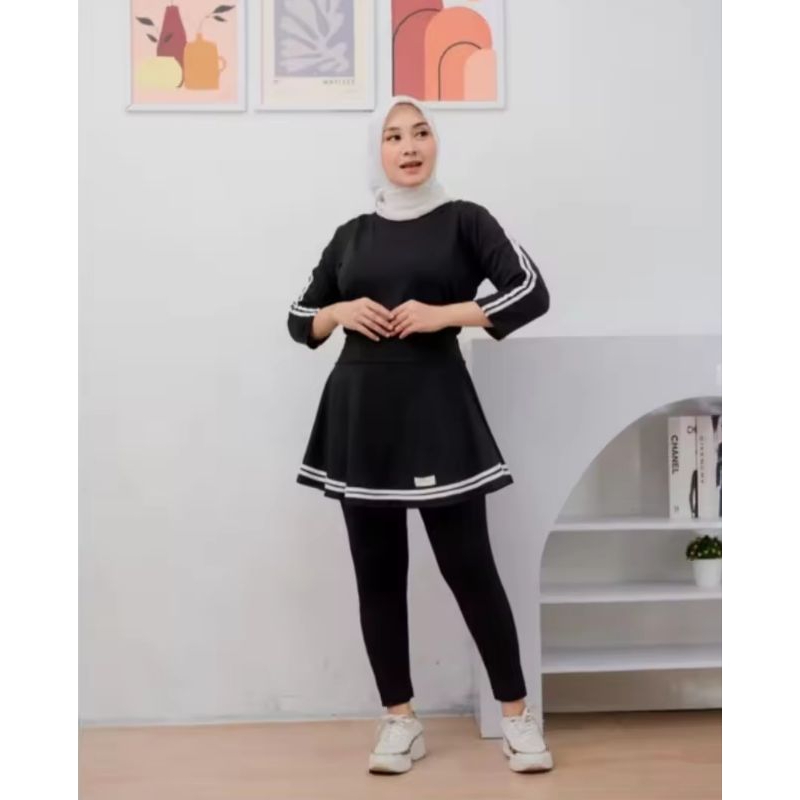 Setelan Legging Rok Lis Warna Outer Tile Untuk Senam Gym Fitness Zumba wanita Atlana Set - One Set J