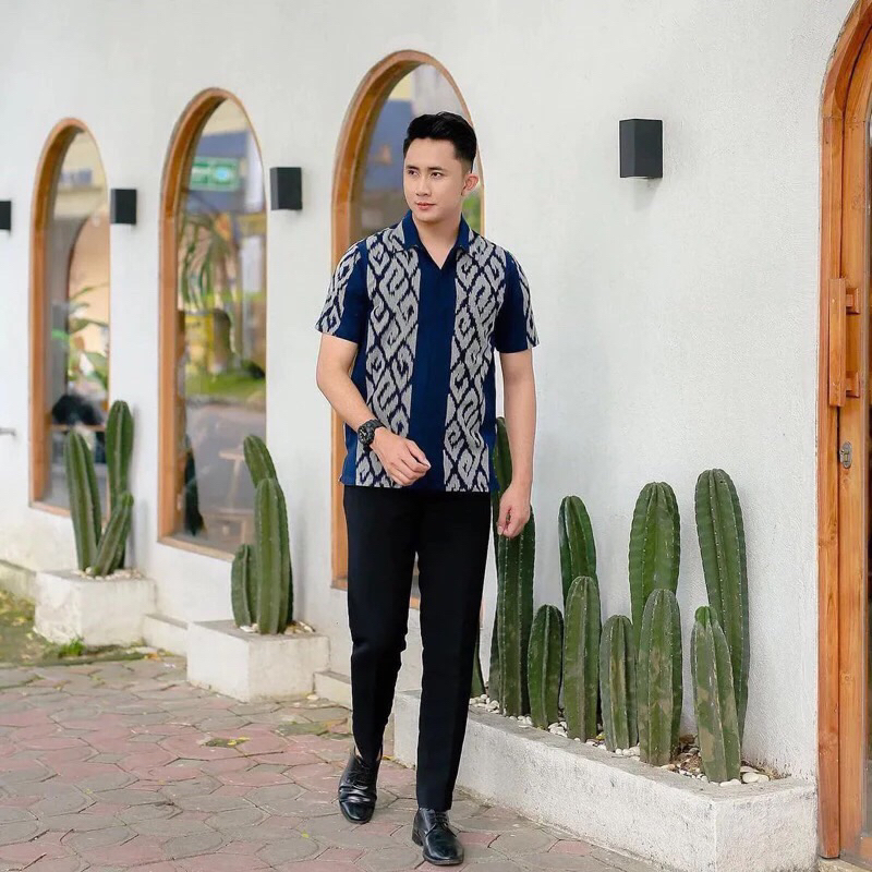 Ikat Kemeja Tenun Pria Hem Atasan Pria Warna Biru Navy Kemeja Pria Tenun Ikat Troso Motif Paruki
