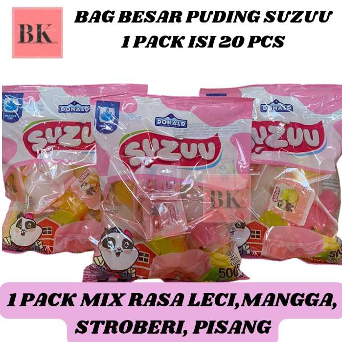 

(1 PACK ISI 20 PCS) BAG BESAR PUDING SUZUU/SUZUU JELLY PUDING 1 PACK ISI 20 PCS MIX RASA LECI,MANGGA,STROBERI, PISANG