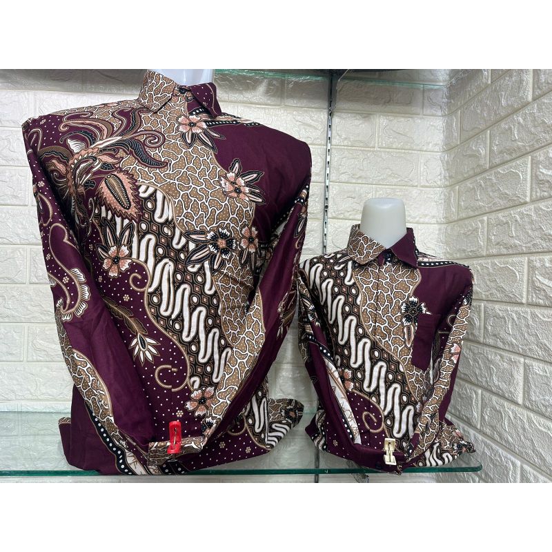 BURGUNDY MAROON, Kemeja Batik Couple Ayah Dan Anak, Warna Burgundy, Bahan Katun Solo, Warna Krem