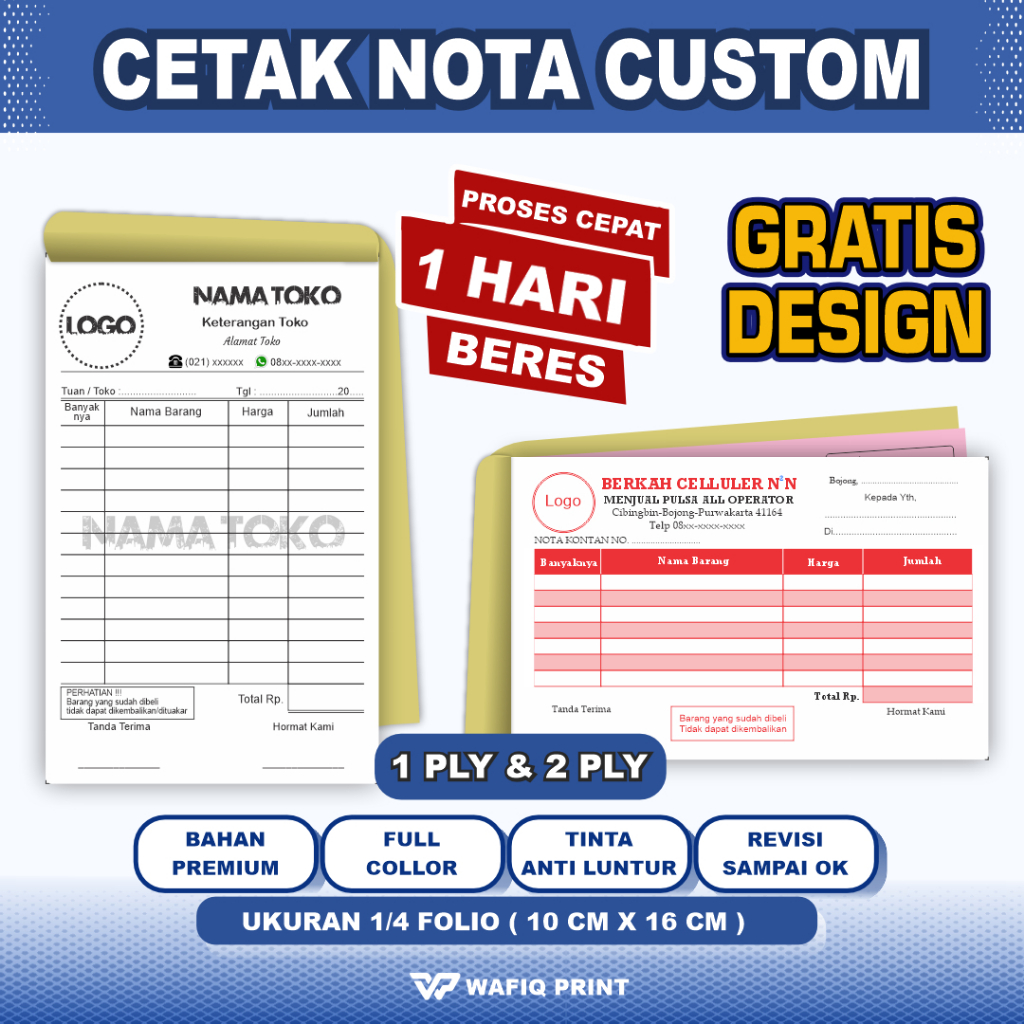 

Cetak Nota custom full Colour gratis design nama toko sendiri 1ply/2ply ukuran standar 1/4 folio