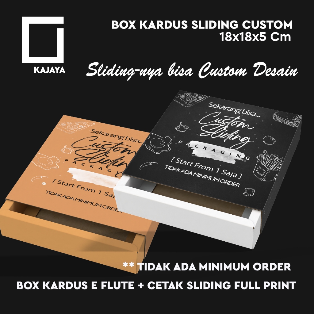 

Kardus Custom Sliding 18x18x5 cm Box Hampers Wedding Souvenir Buku Aksesoris Mangkuk E Flute Cetak Desain Sendiri Full print