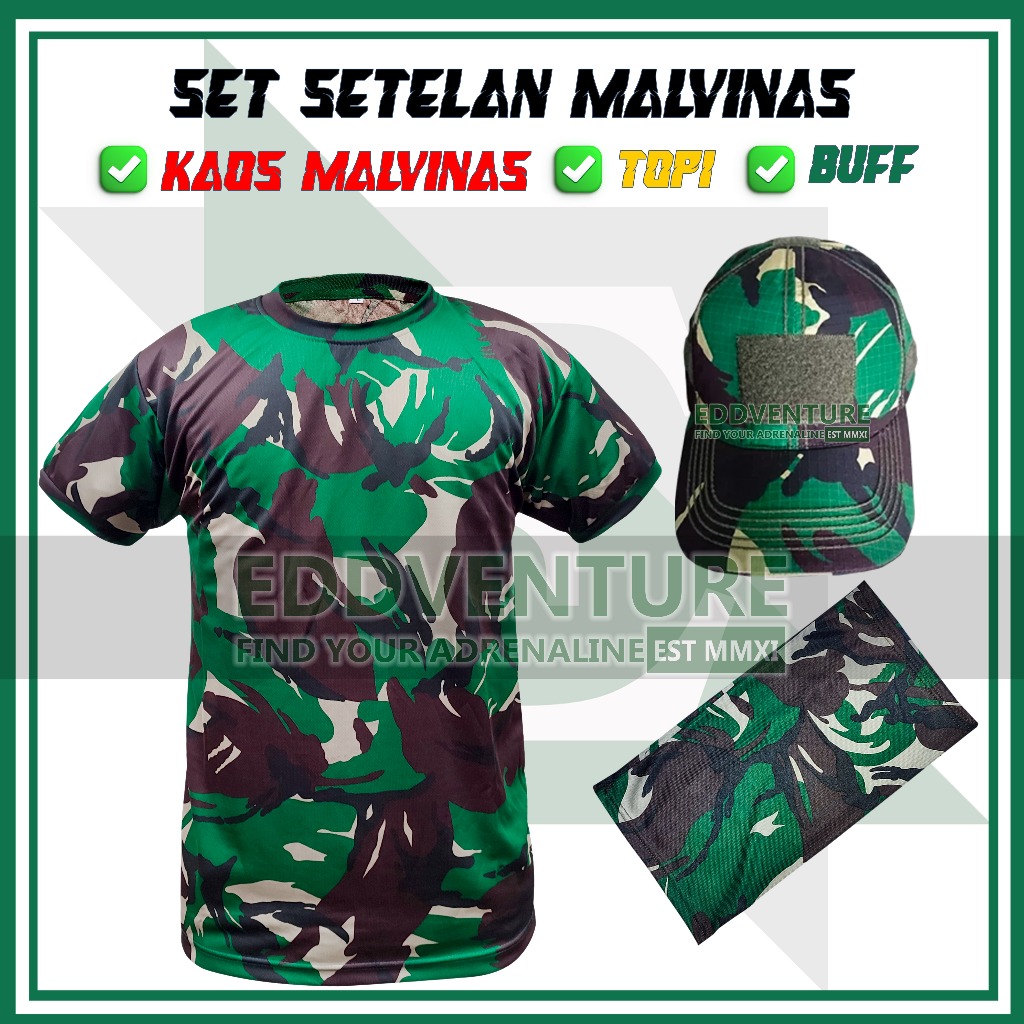 Satu Set Setelan Tshirt Kaos Baju Oblong Lengan Pendek Buff Topi Loreng Malvinas Dewasa