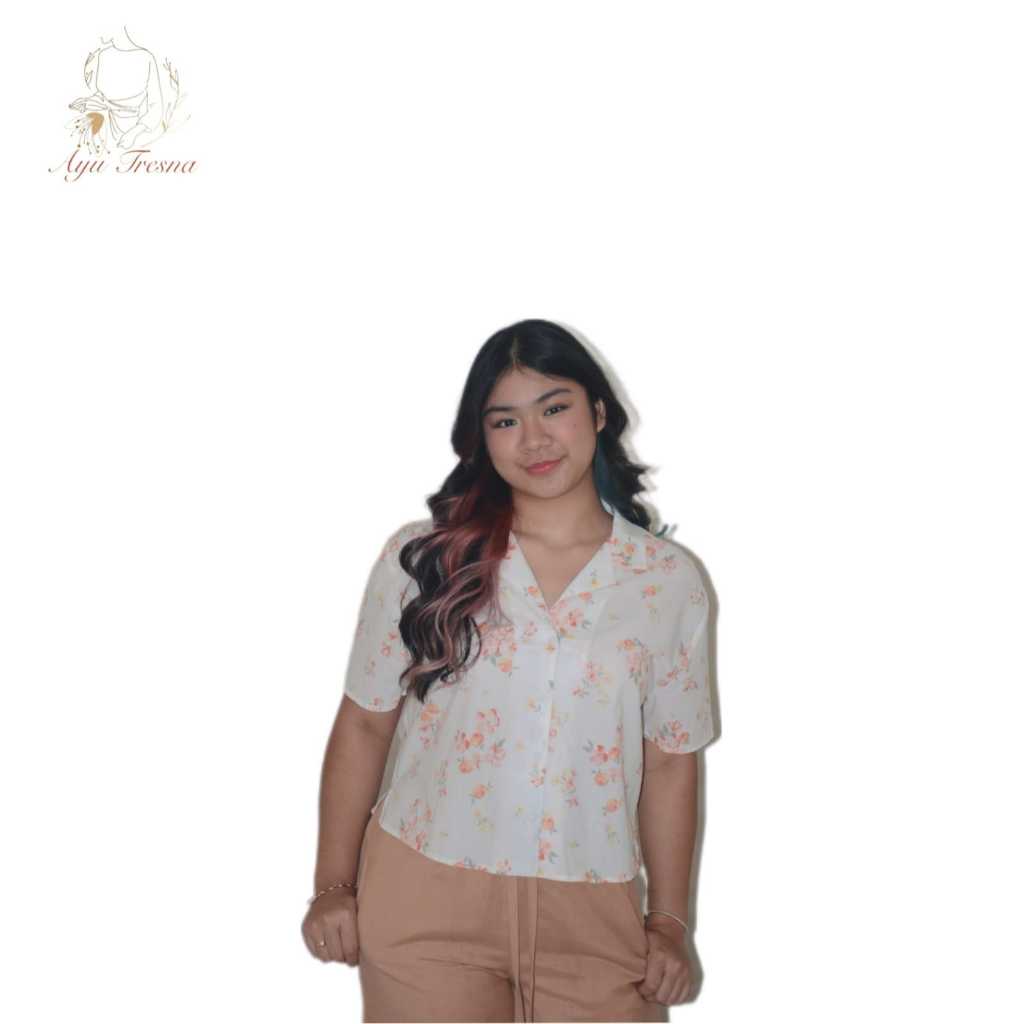 Ayutresna Blouse Simpel Katun Jepang Motif Bunga Coklat