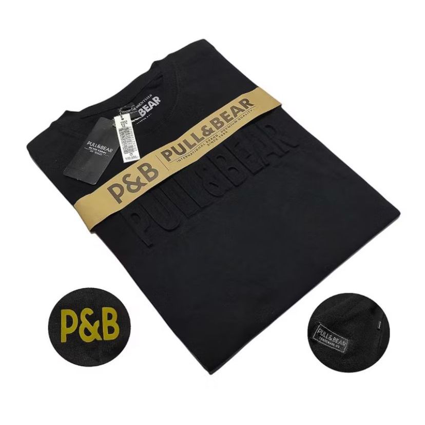 { Cuci Gudang } T-Shirt Kaos Pull and Bear Embos HITAM Sablon Timbul Distro Premium Ukuran Jumbo DEW