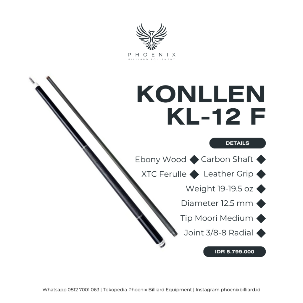 Stick Billiard KOLLEN KL-12F Carbon Shaft XTC Ferulle Ebony Wood / Stick KOLLEN KL-12F