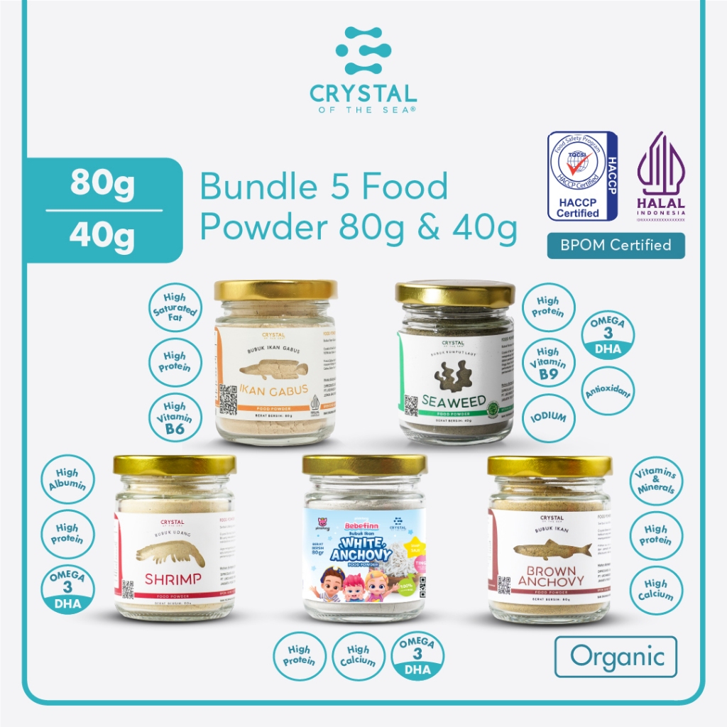 

Crystal of the Sea | Bundle 5 Food Powder (80GR & 40GR) | Bubuk Ikan Teri Nasi | Bubuk Udang Rebon | Bubuk Teri Jengki | Bubuk Rumput Laut/Umami | Bubuk Ikan Gabus / Penyedap Kaldu MPASI NON MSG PAKET HEMAT