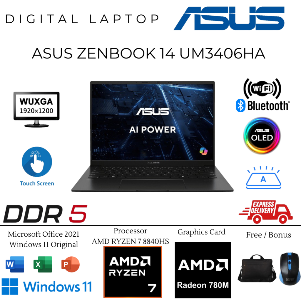 Laptop Slim Asus Zenbook 14 UM3406HA AMD Ryzen 7 8840HS RAM 16GB DDR5 2TB SSD 14" OLED Touch WIN11