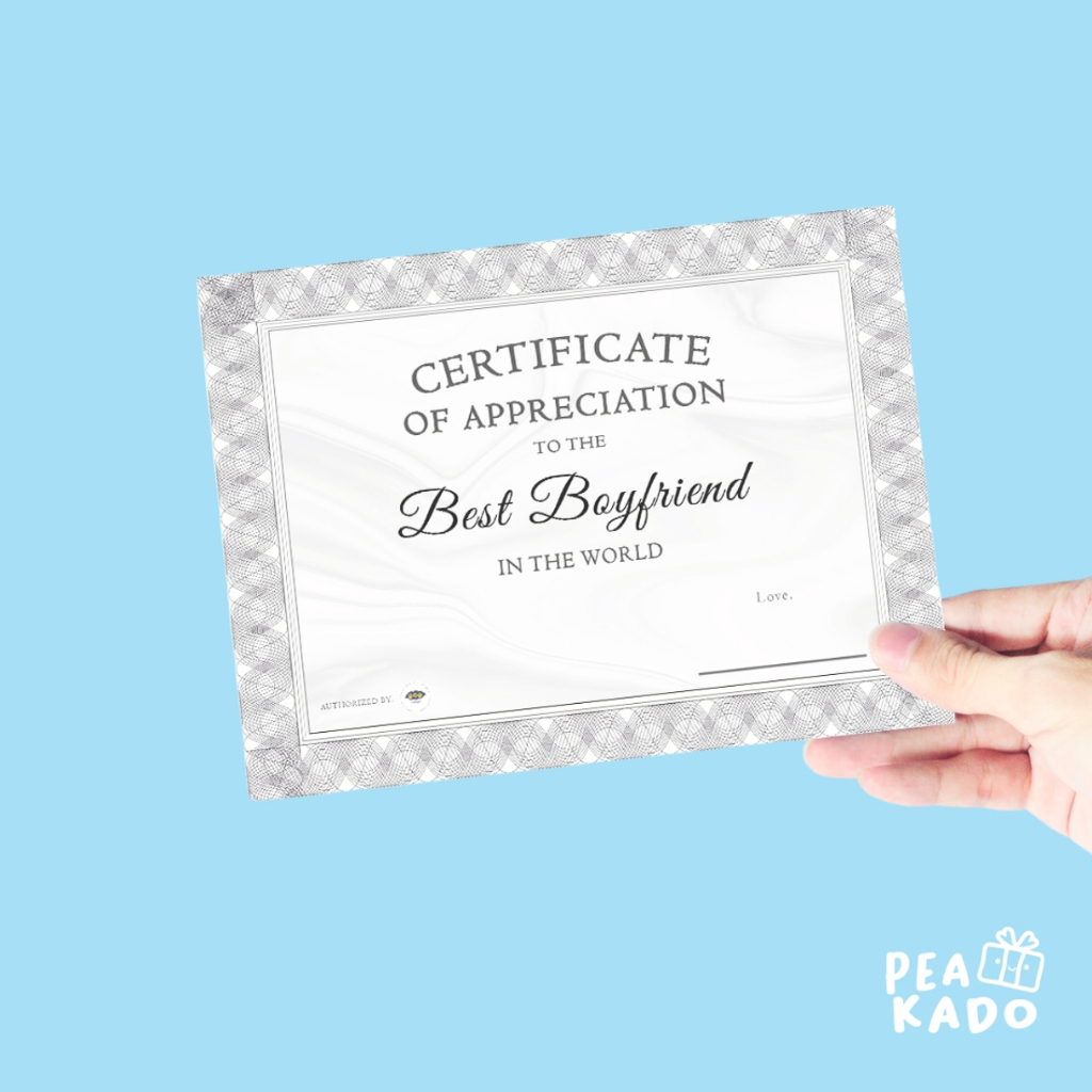 Sertifikat Custom Best Boyfriend Award Print Kartu A5 Hadiah Anniversary Pacar