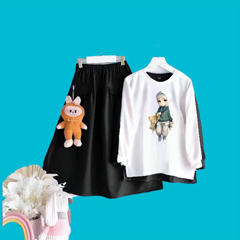 Set Anak Perempuan Shafira Terbaru Bawahan Rok dan Baju Motif Karakter Gadis Berhijab dengan Tas Bon