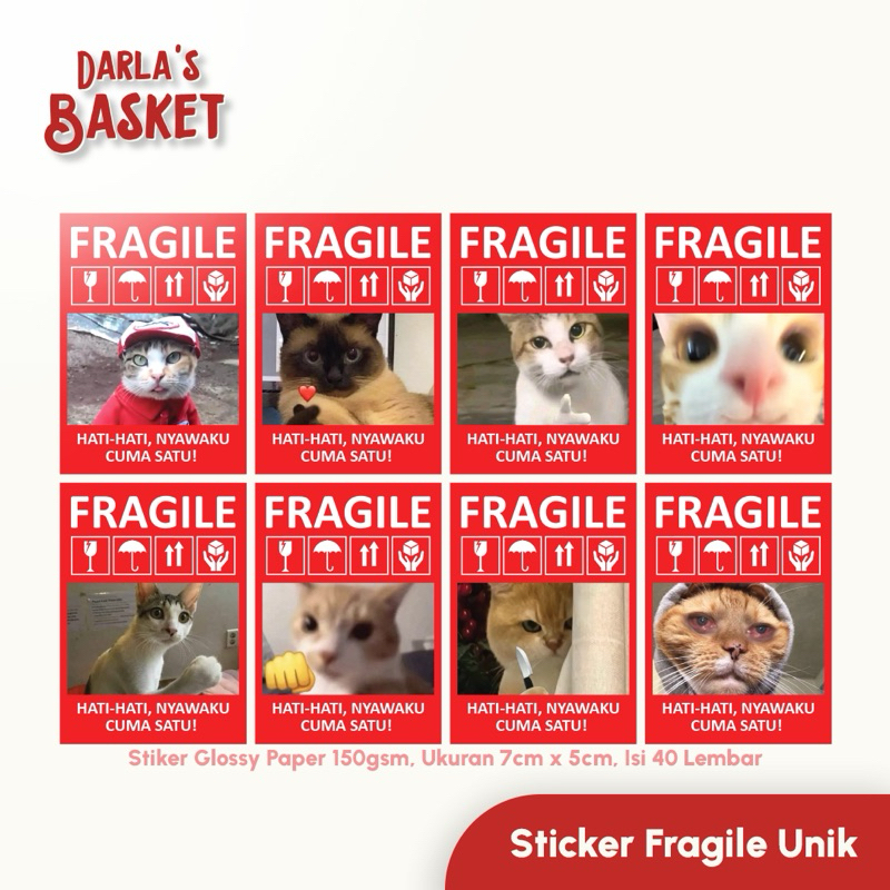 

40 Pcs Sticker Fragile - Desain Kucing Lucu 7cm x 5cm / Sticker Fragile Unik / Stiker Pengiriman Paket / Sticker Fragile Murah Sticker Fragile Lucu