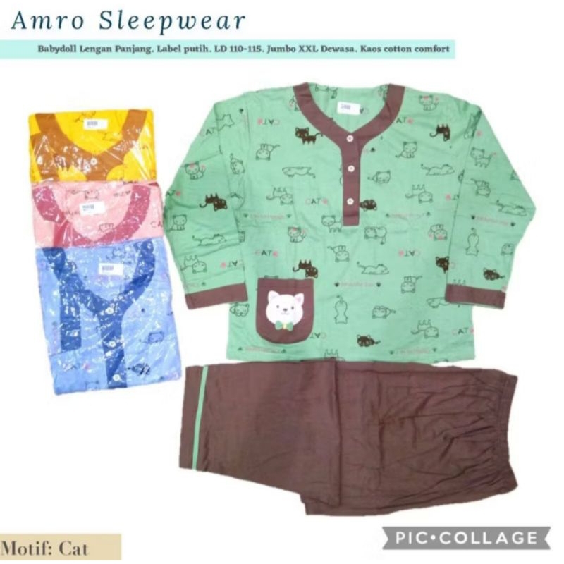 AMRO label putih, Babydoll kaos lengan panjang celana panjang jumbo