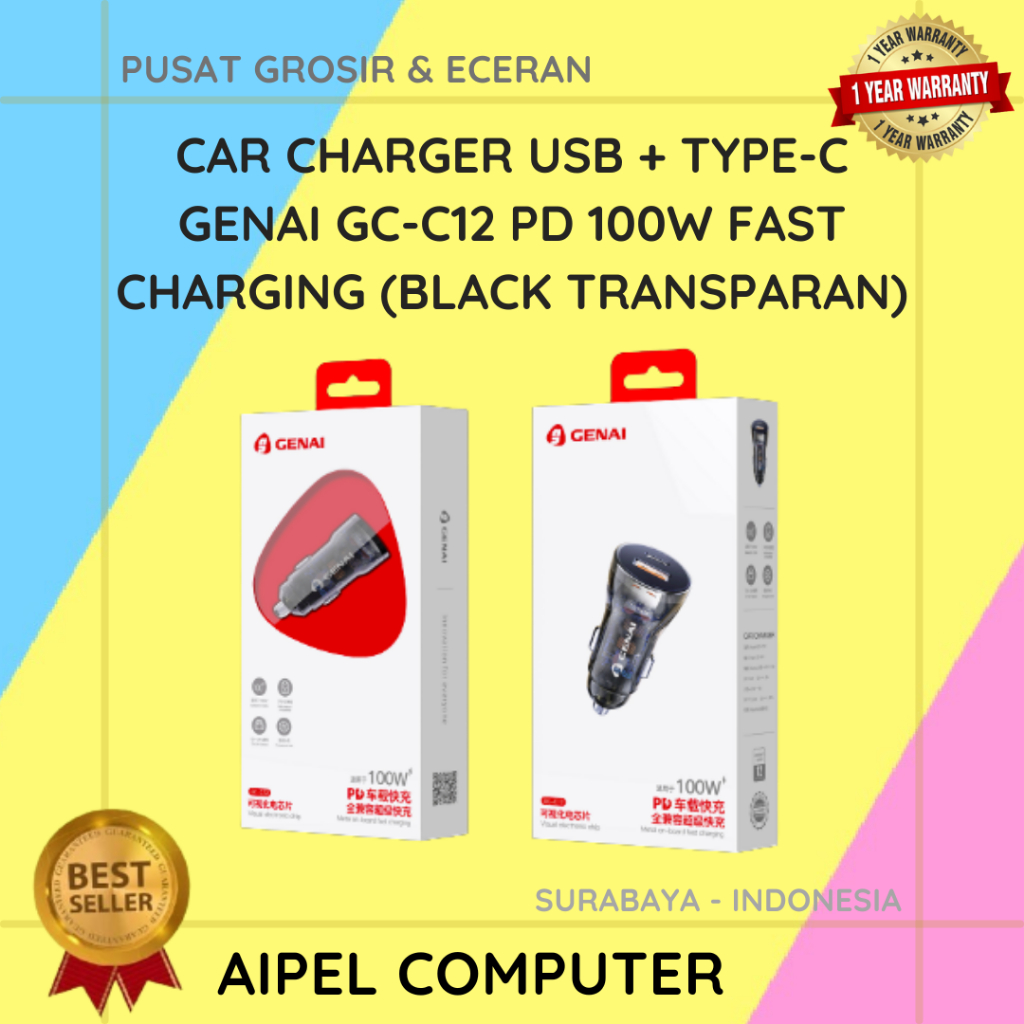 GCC12 | Car Charger USB + Type-C GENAI GC-C12 PD 100W Fast Charging (Black Transparan)