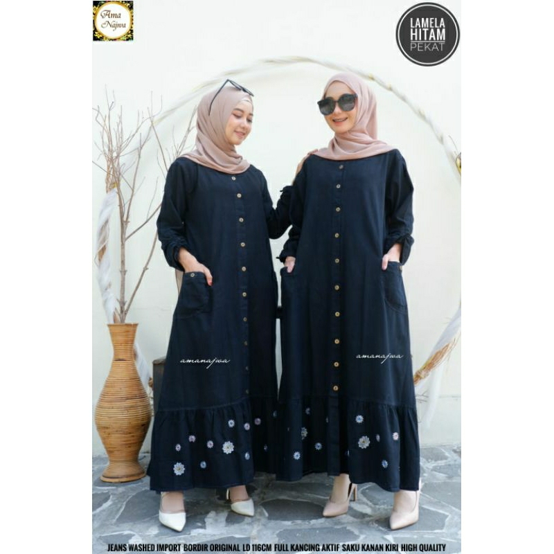 Lamela hitam ld 116 Gamis Jeans cantik JUMBO all size Dress muslim / Amj