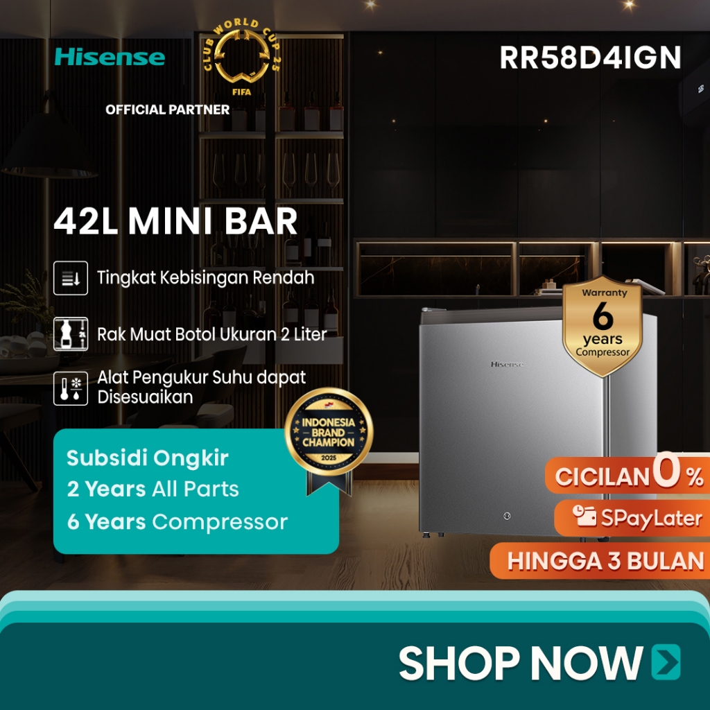 Hisense Kulkas Mini Bar (Refrigerator) Lemari Es Portable Kapasitas 42L RR58D4IGN - Silver【Reversibl