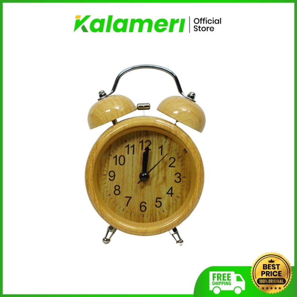 KALAMERI - Jam Weker Aesthetic Wood 12 cm- Jam Weker dengan Alarm Aesthetic Motif Kayu