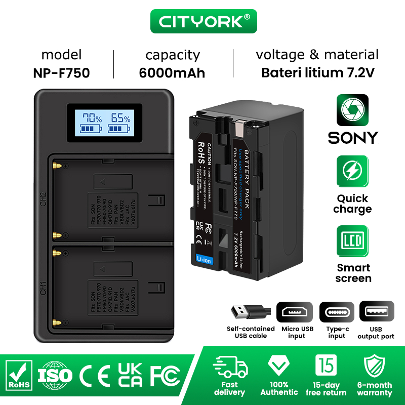 Cityork NP F750 NP F770 6000mAh Camcorder Baterai + Pengisi Daya Baterai LCD untuk Sony NP F960 NP F