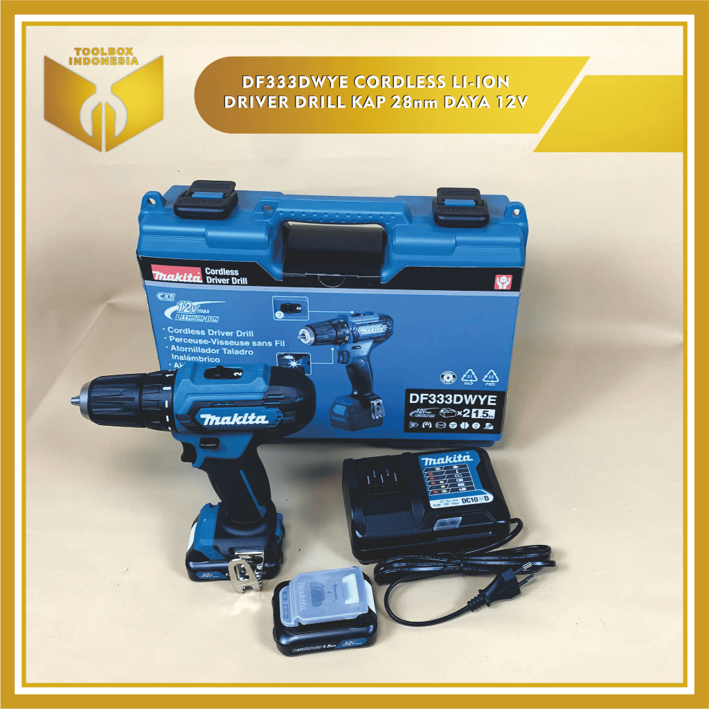 MAKITA DF333DWYE Mesin Bor Cordless LLI-ION DRIVER Drill Baterai Multifungsi - Garansi 2 Tahun