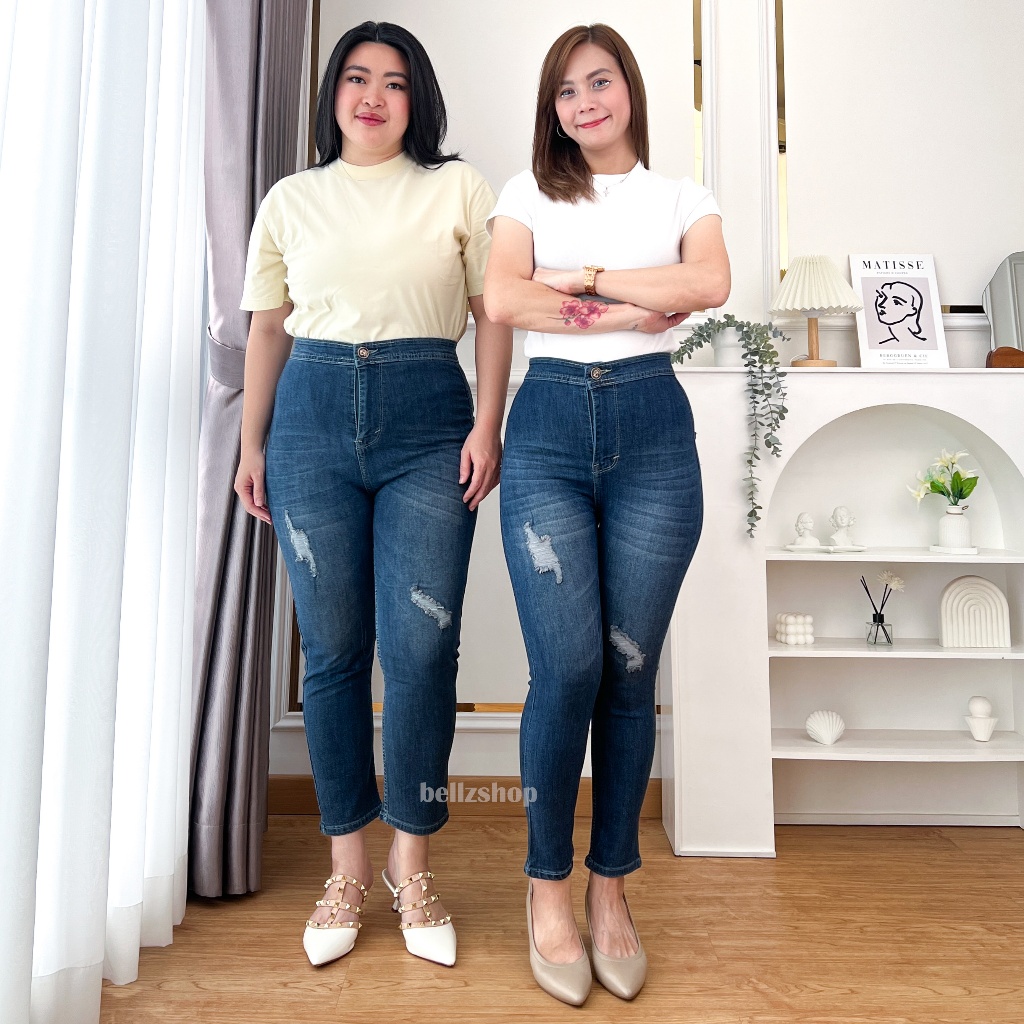 Bellzshop - Celana Highwaist Wanita Jeans 7/9 Skinny Sobek Tidak Tembus Stretch Premium 551