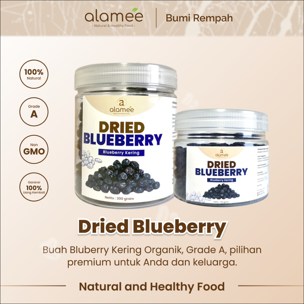 

ALAMEE Blueberry Kering Cemilan Buah Sehat Dried Fruit Blueberry Cemilan Rendah Kalori 300gr