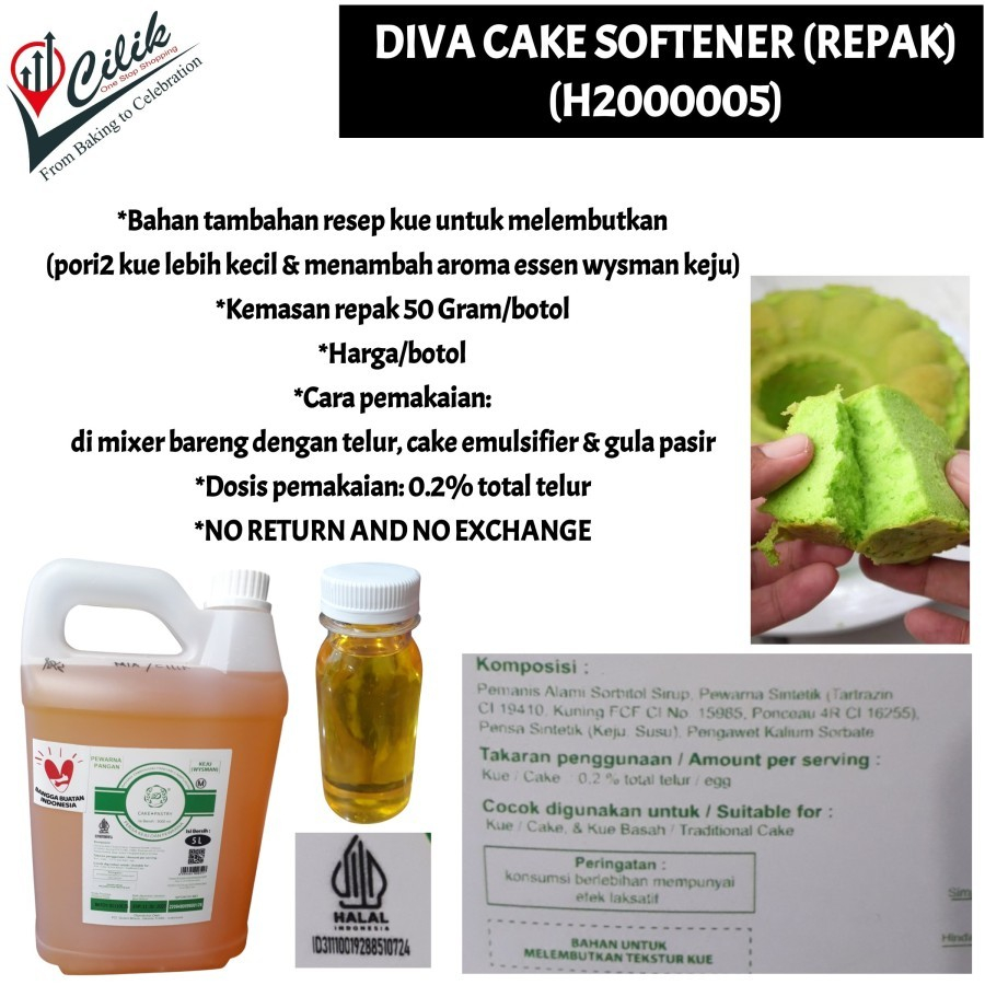 

bahan+pangan+foodgrade+aman+dikonsumsi+diva+cake+softener+harum+wysman+butter+keju+chese+lembut+pori+kecil+tahan+basi+kue+bolu+cake+60ml+200ml