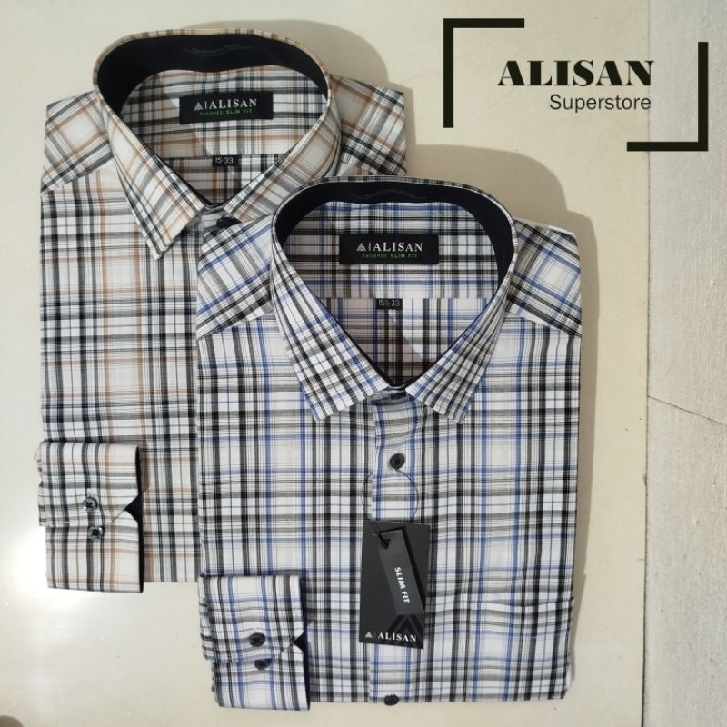 Alisan Kemeja Pria Motif Kotak Garis Biru/Coklat Lengan Panjang Slimfit