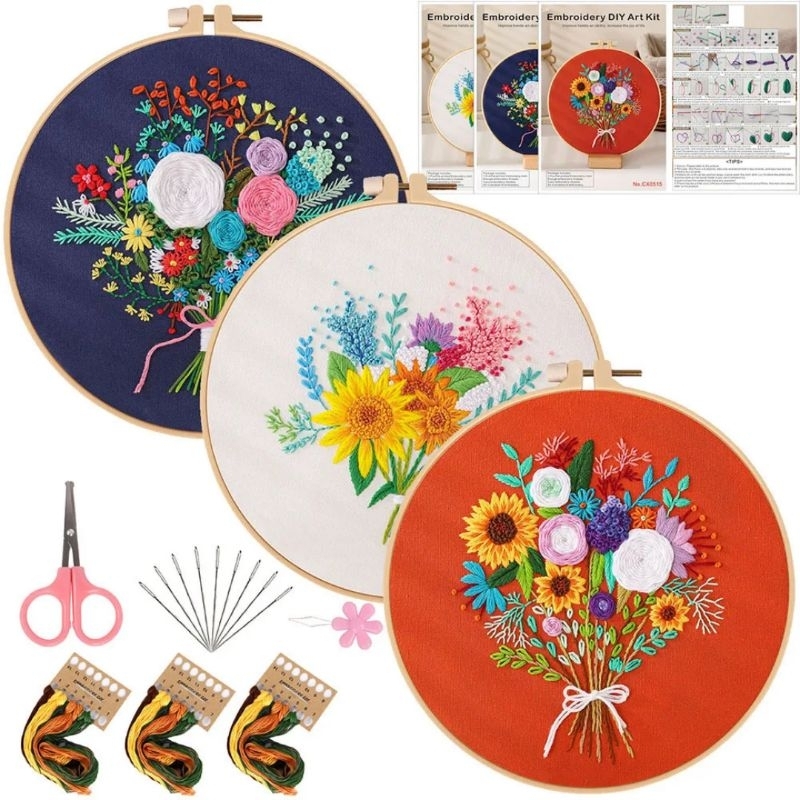 PROMO KRISTIK MODERN PAKET KRISTIK BUNGA PAKET LENGKAP - EMBROIDERY KIT PACKAGE FLOWER/ Paket sulam 