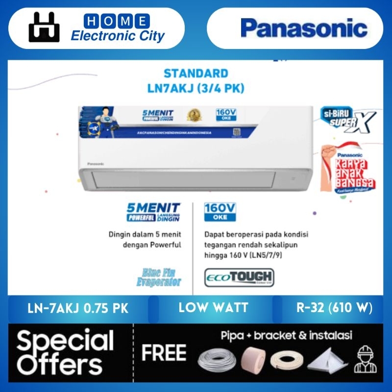 AC PANASONIC CS/CU-LN7AKJ 3/4 PK 610 WATT LOW WATT SI-BIRU STANDARD TURBO COOLING R32 7.000 BTU GARA
