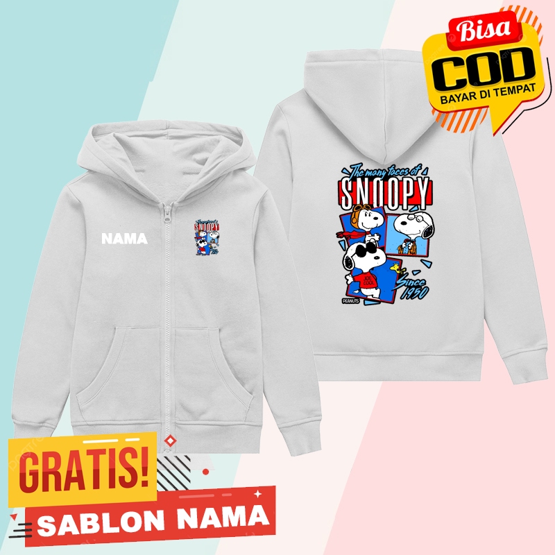 Jaket Hoodie Zipper Anak Snoopy / Jaket Sleting Anak Laki Laki & Perempuan Custom Nama Snoopy