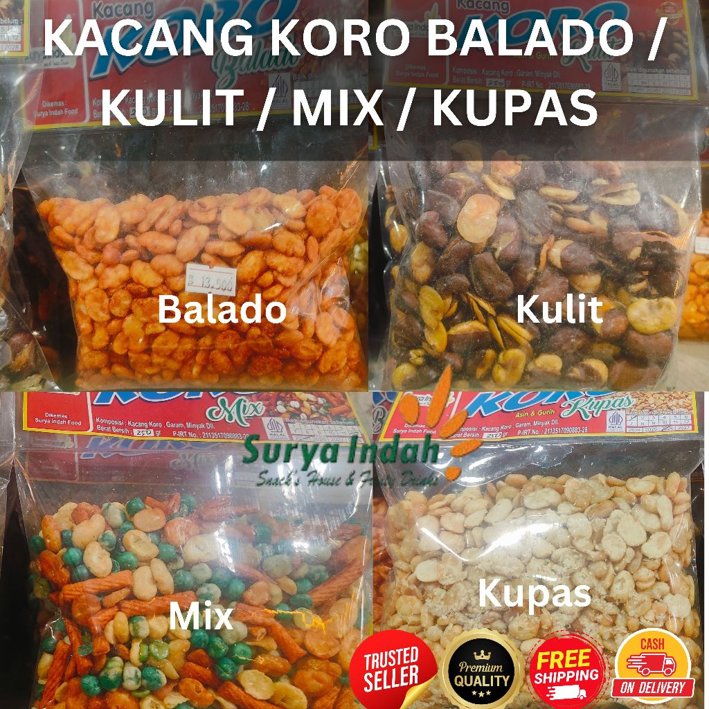 

Kacang Koro Balado / Kulit / Kupas /Mix packing 250gr Kwalitas Premium dijamin Renyah Surya Indah Jombang