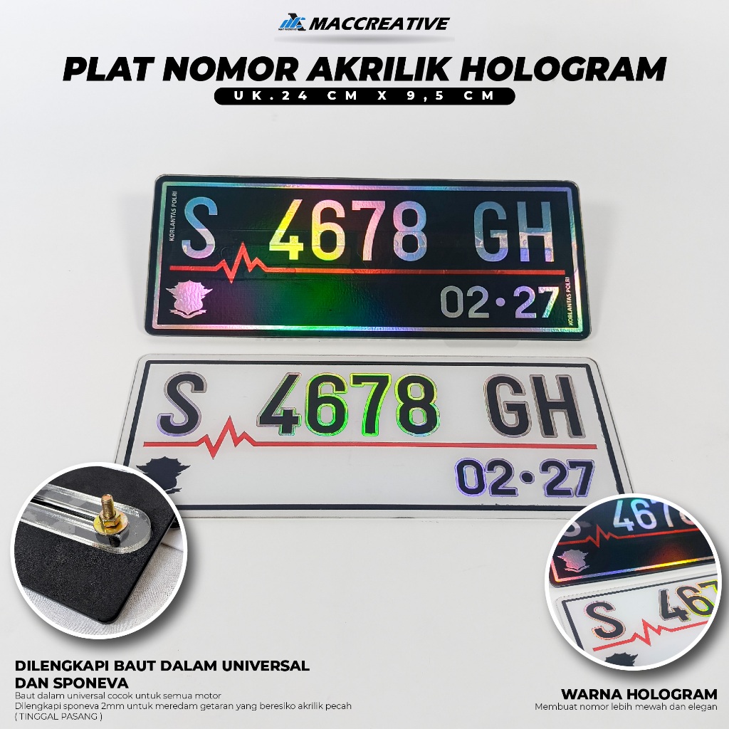 PLAT NOMOR MOTOR AKRILIK HOLOGRAM - PLAT NOMOR MOTOR BAUT TANAM BAHAN AKRILIK HOLOGRAM NON TIMBUL