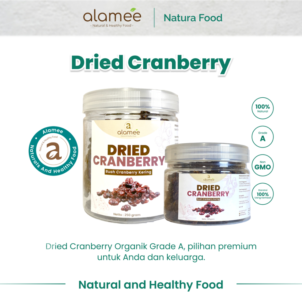 

ALAMEE Cranberry Kering Cemilan Buah Sehat Rendah Kalori Dried Cranberry Natural 100% Premium 250gr