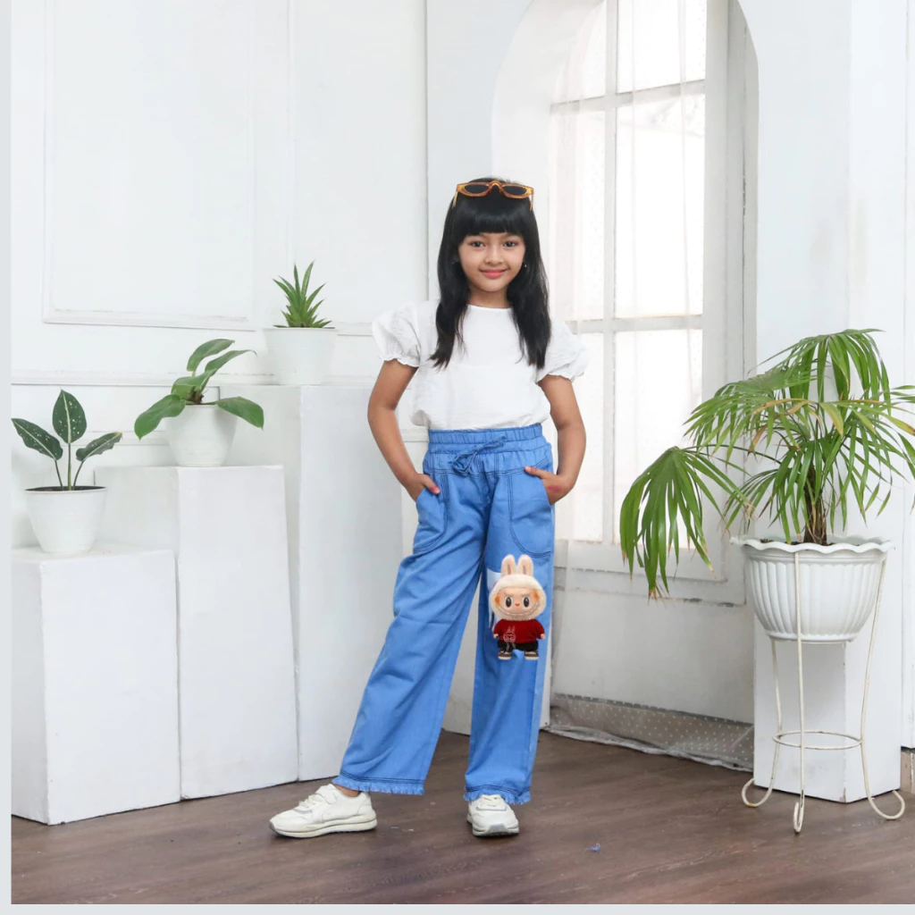 Celana Kulot Rawis Anak Denim Celana Anak Perempuan Warna Snow blue Untuk Umur 4-5-6-7-8-9-10-11-12 