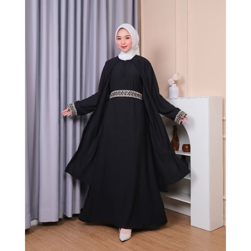 Abaya Ressa - Gamis Muslim Wanita Abaya Turkey Hitam Renda Emas Bahan Crinkle Premium - Abaya Turki