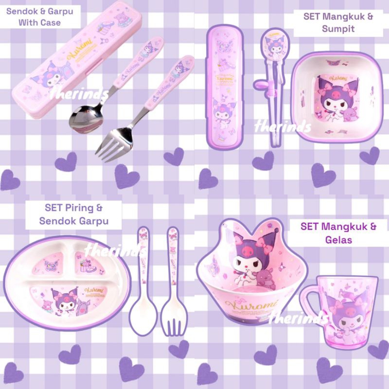 Piring Mangkok Gelas Sumpit Sendok Garpu Kuromi | Set Alat Makan Karakter Kuromi | Piring Gelas Mela