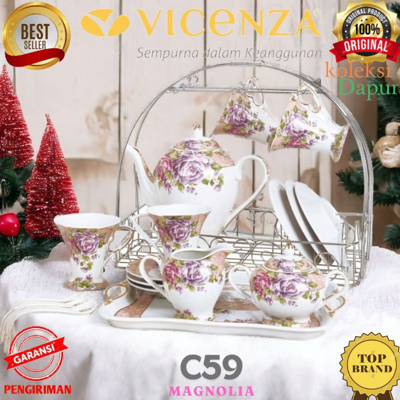 Coffee Set VICENZA C59 Magnolia, perlengkapan minum kopi dan teh berbahan porselain, dilengkapi rak 