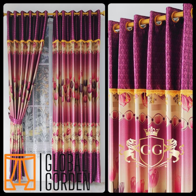 Gorden poni mewah terbari motif bunga tulif warna ungu lebar 140cm 6 gelombang