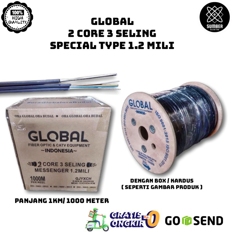 GLOBAL KABEL FIBER OPTIC 2 CORE 3 SELING 1 KM | FO DROPCORE CABLE FIBER OPTIC 2 CORE 3 SELING 1000 M