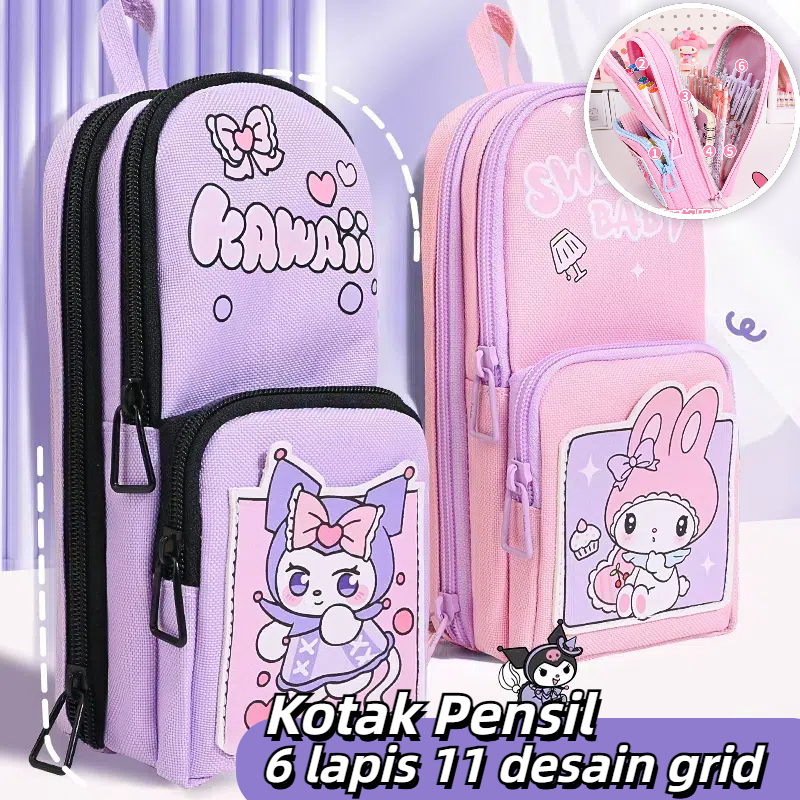 

LOOOOPY Modis Lucu Kapibara Kuromi Melody Panda Pensil Case 6 Lapis Besar Kapasitas Multifungsi Tahan air Siswa Kanvas Pensil Tas