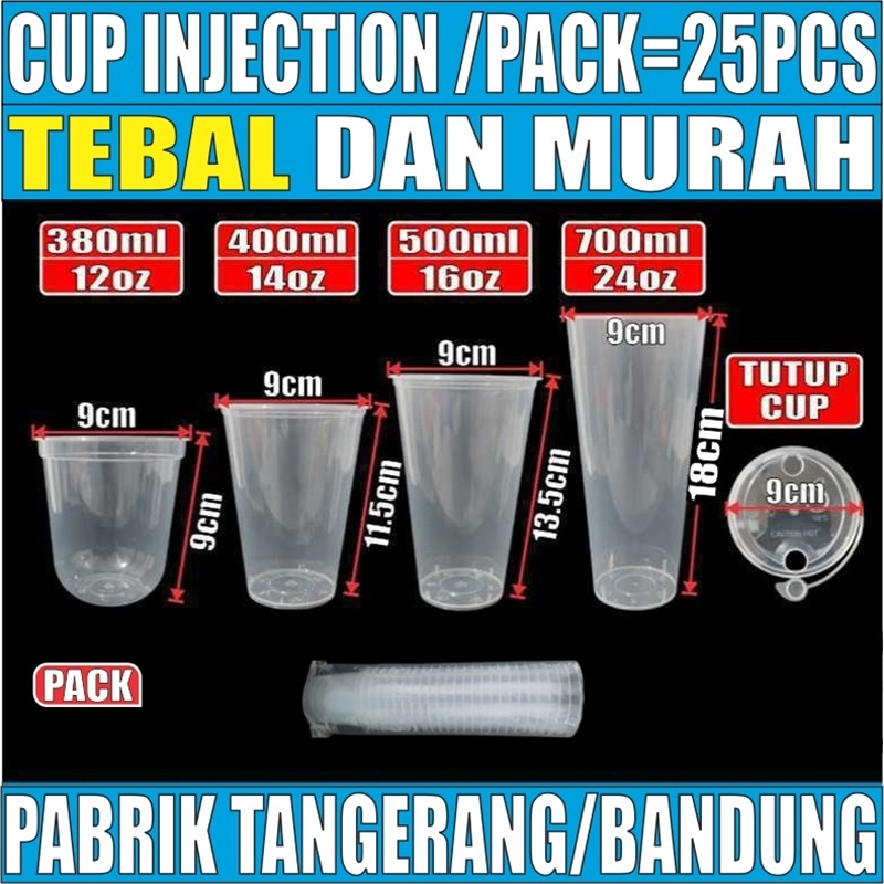 Thinwall Cup Injection Tebal 12oz 380ml / 14oz 400ml / 16oz 500ml / 24oz 700ml Pack n Tutup Sambung