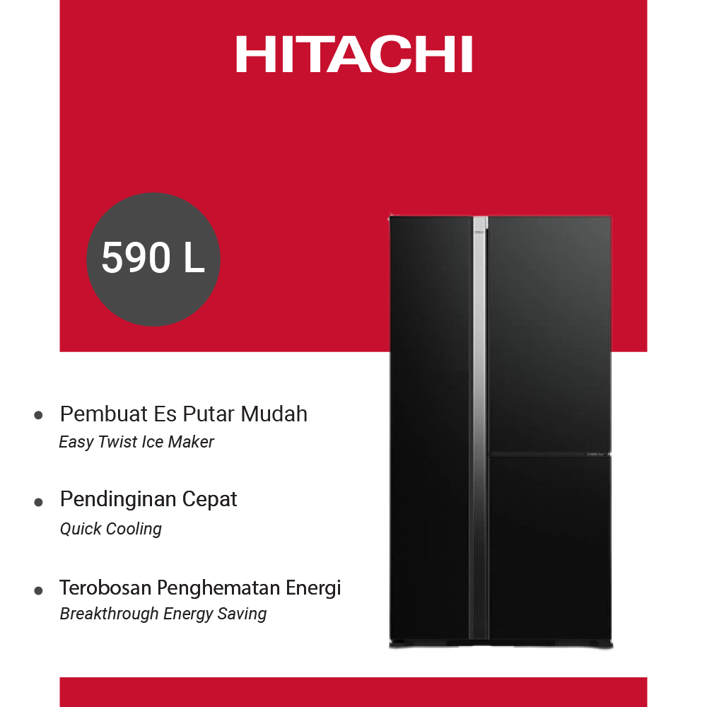 HITACHI Kulkas Side by side 595L Glass Door Black R-S80PGD0-GBK