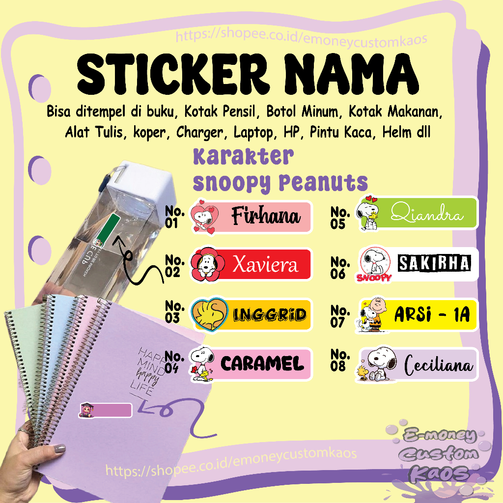 

STICKER LABEL NAMA SNOOPY PEANUTS CUTE STIKER CUSTOM LEBEL PREMIUM MURAH LUCU BISA TEMPEL DI BUKU KOTAK PENSIL HELM BOTOL MINUM KOTAK MAKANAN ALAT TULIS KOPER LAPTOP HP PINTU KACA