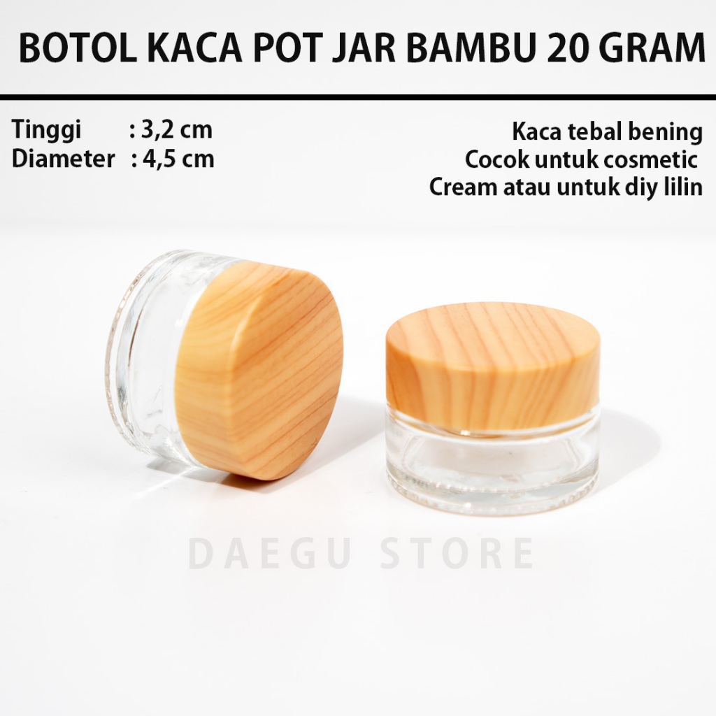 Botol Pot Jar 20gr Cream Kaca Bening Tutup PVC Motif Kayu Pot Jar Wadah Krim Kosmetik 20 Gram