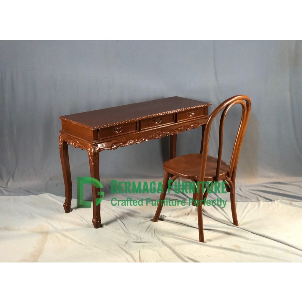 PRE ORDER SET 1 MEJA KONSUL UKIR 3 LACI 1 KURSI BALON TUMPUK FINISHING NATURAL SET MEJA KANTOR KLASI