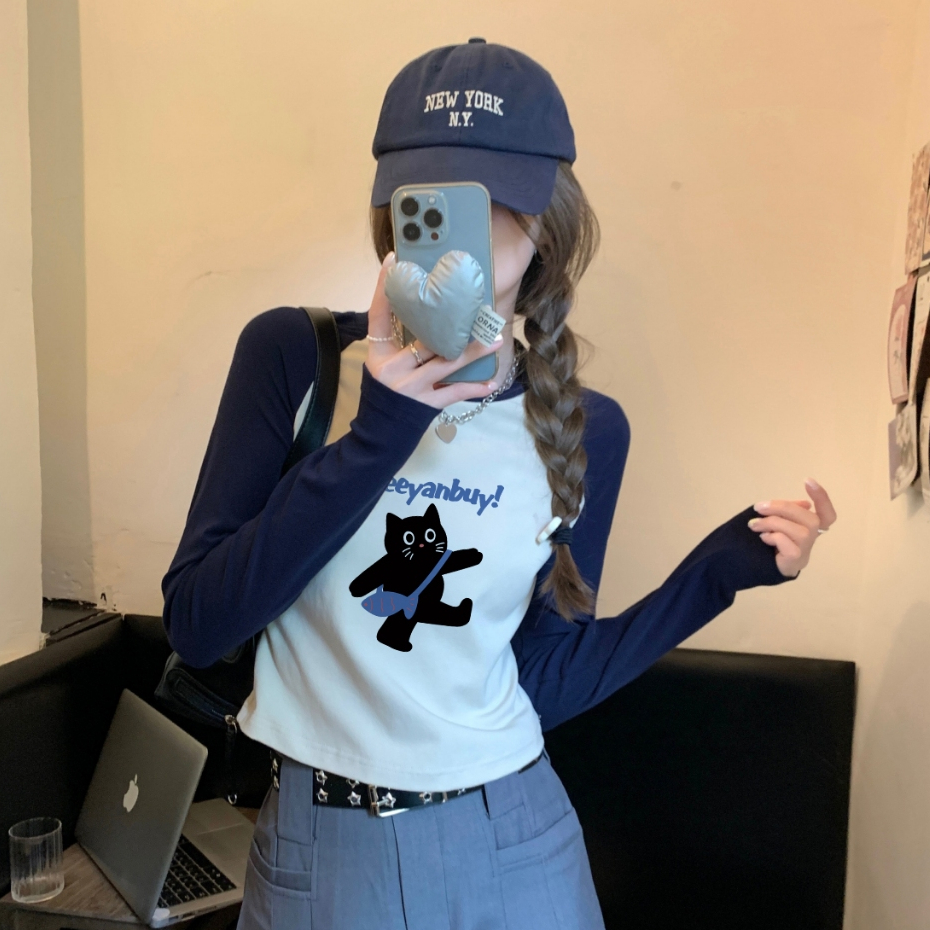 Baju Atasan Wanita Korea Lengan Raglan Contrasting Colors Crop Top Y2K/Slim Cartoon Cetakan Pola Ana