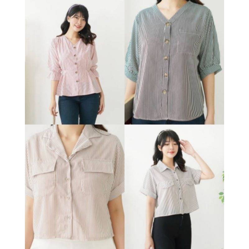 Baju Korea Top Atasan Kemeja Wanita Motif Garis Garis