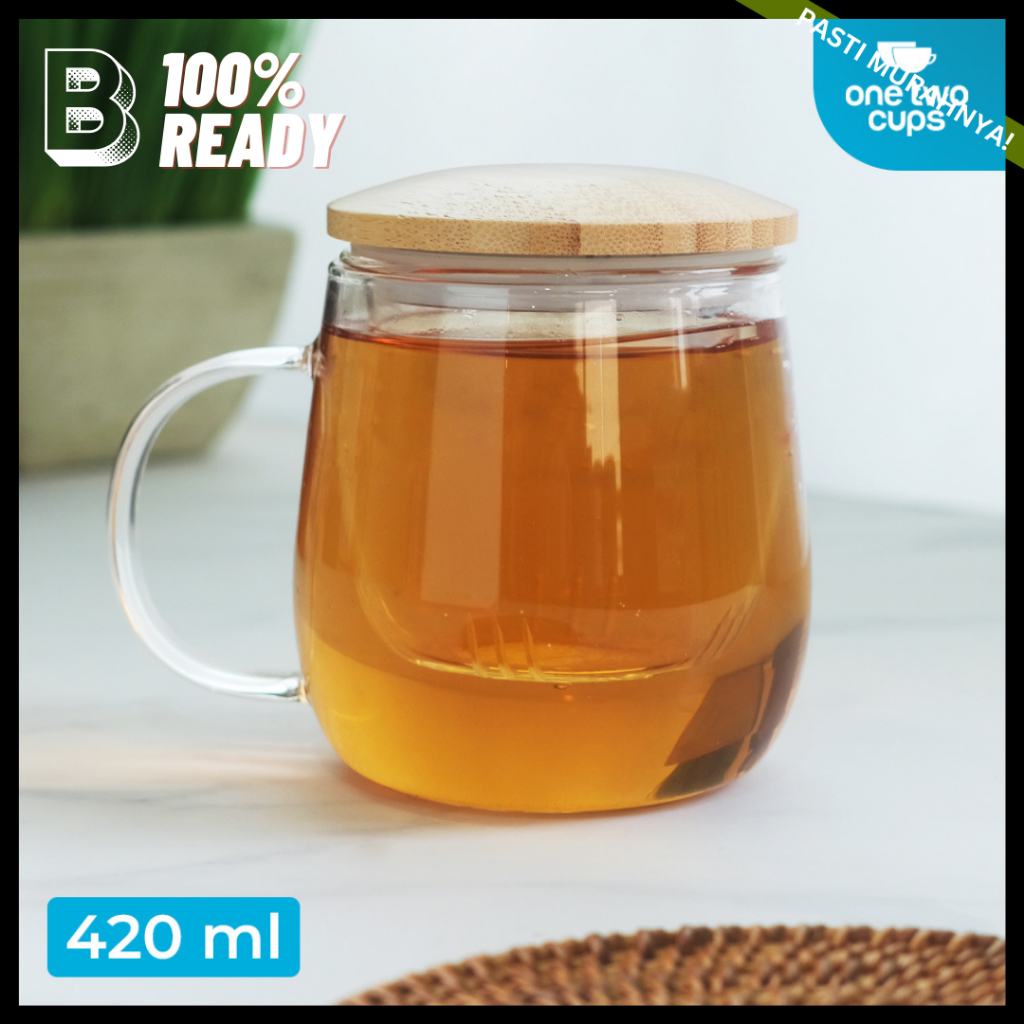 Gelas Cangkir Teh Infuser / Mug Cangkir Gelas Kopi Teh Set Saringan Infuser Tutup Kayu 420ml / Gelas