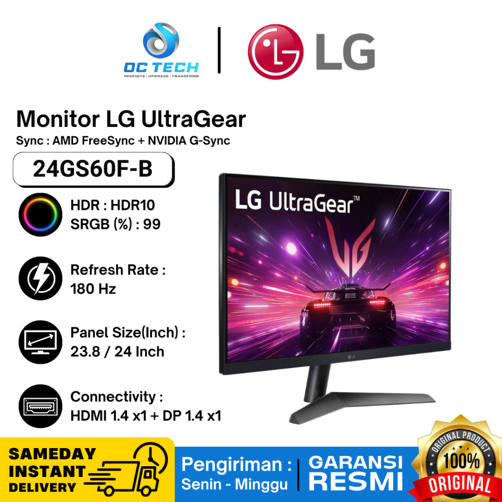 LG UltraGear 24GS60F-B IPS 180hz NVIDIA G-sync Monitor HDMI 24 inch Gaming Komputer PC Garansi Resmi