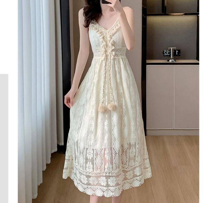 68700 Baju Mididress MELVIN SMOCKED BOHO LACE CAMISOLE DRESS tanpa lengan dres pantai Korean style w